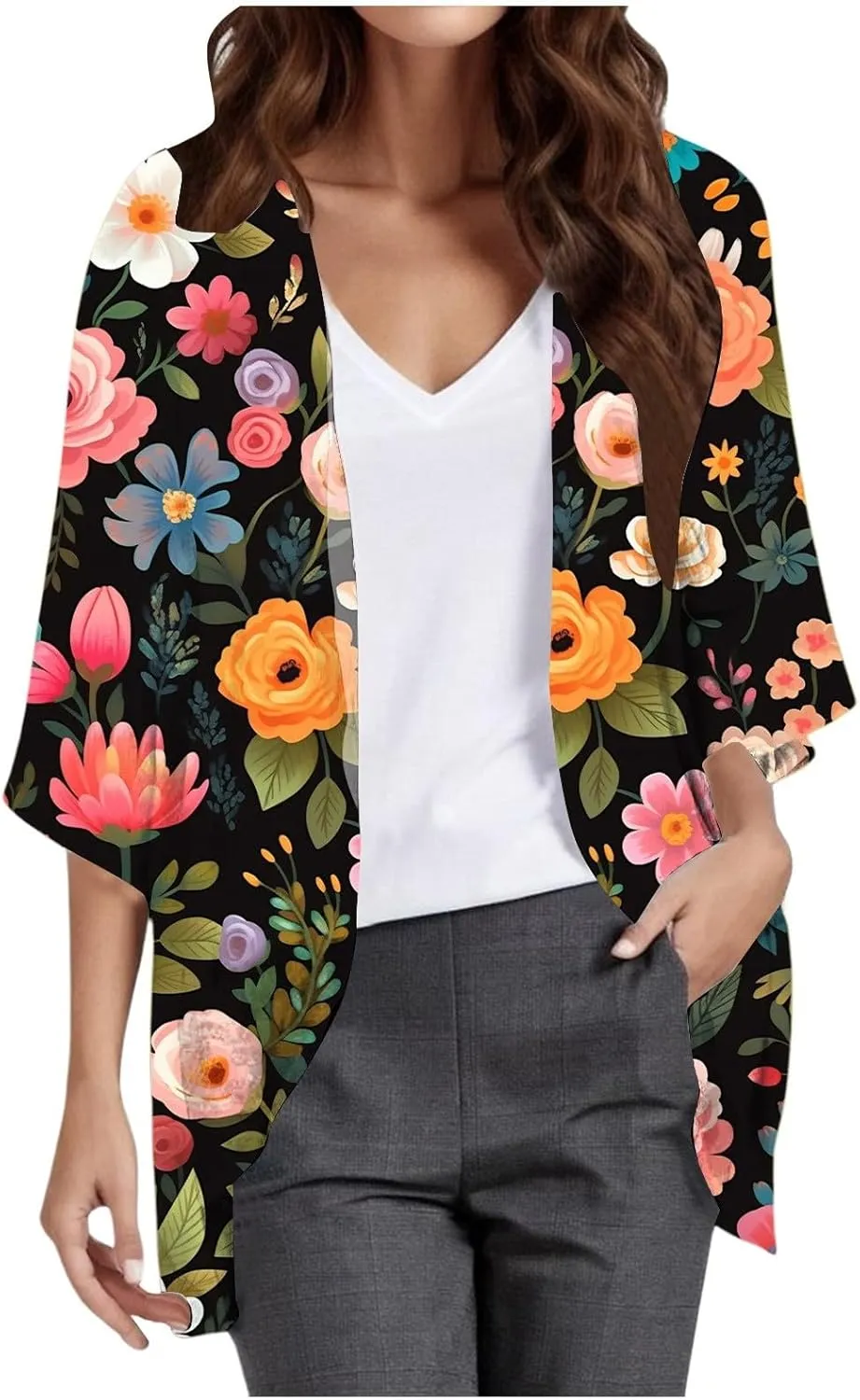 Womens Floral Chiffon Kimono Cardigans Casual Summer Lightweight Beach Cover Up 3/4 Sleeve Oversized Beach Vacation Tops