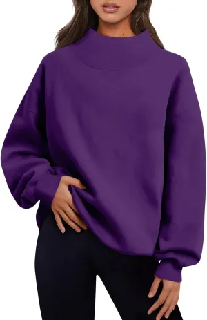 Women's French Terry Sweatshirt Fashion Solid Color Long Sleeve Loose Slit Half Turtleneck Sweatshirt Top, S-3XL