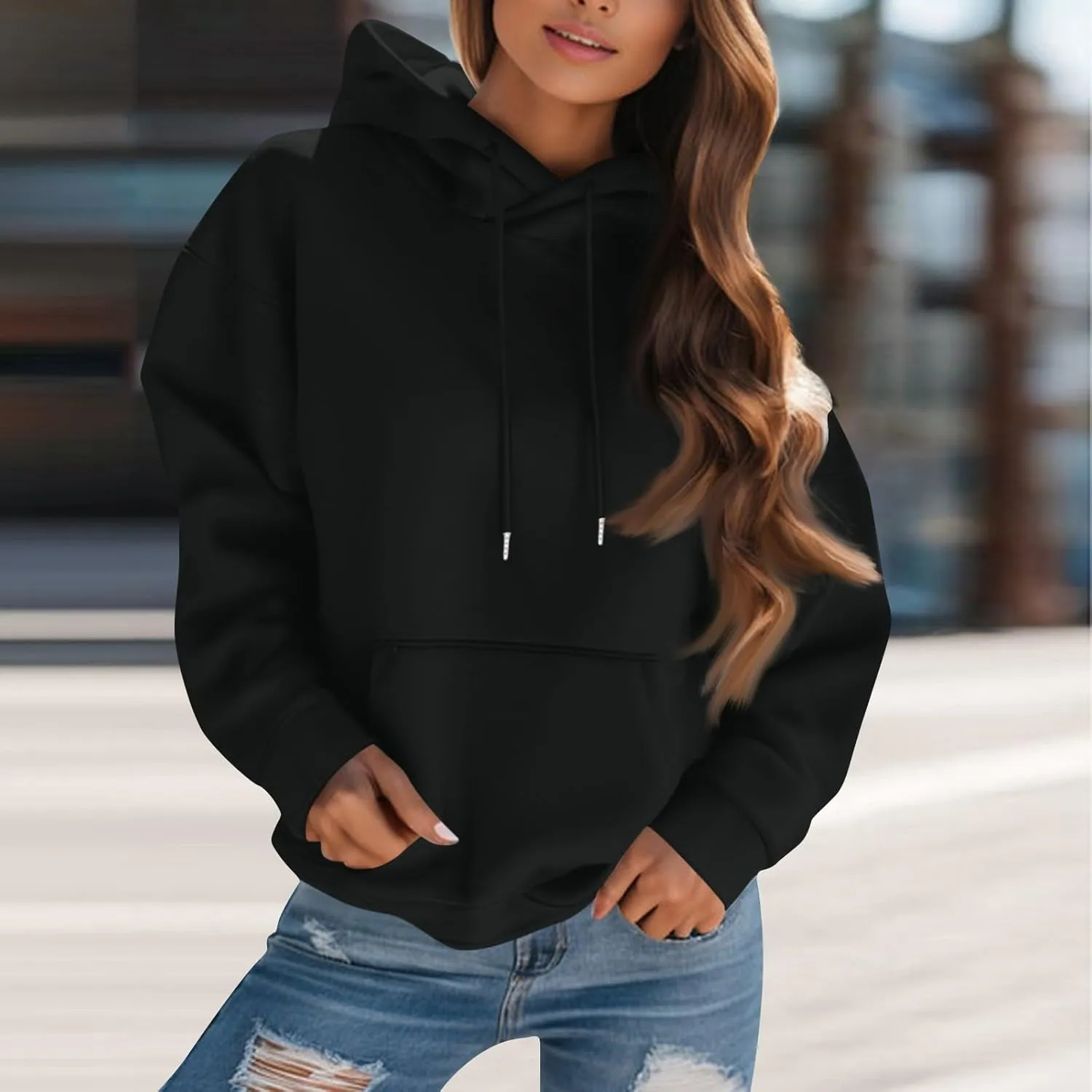 Womens Hoodies Fall Oversized Sweatshirt Preppy Fleece Pullover Solid Color Comfort Hoodie With Pockets