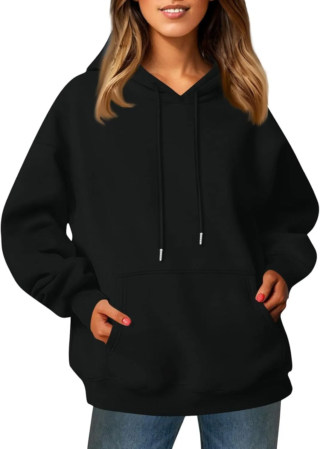 Womens Hoodies Fall Oversized Sweatshirt Preppy Fleece Pullover Solid Color Comfort Hoodie With Pockets
