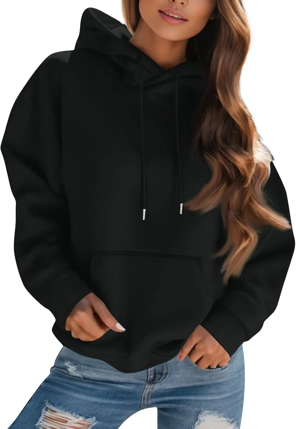 Womens Hoodies Fall Oversized Sweatshirt Preppy Fleece Pullover Solid Color Comfort Hoodie With Pockets