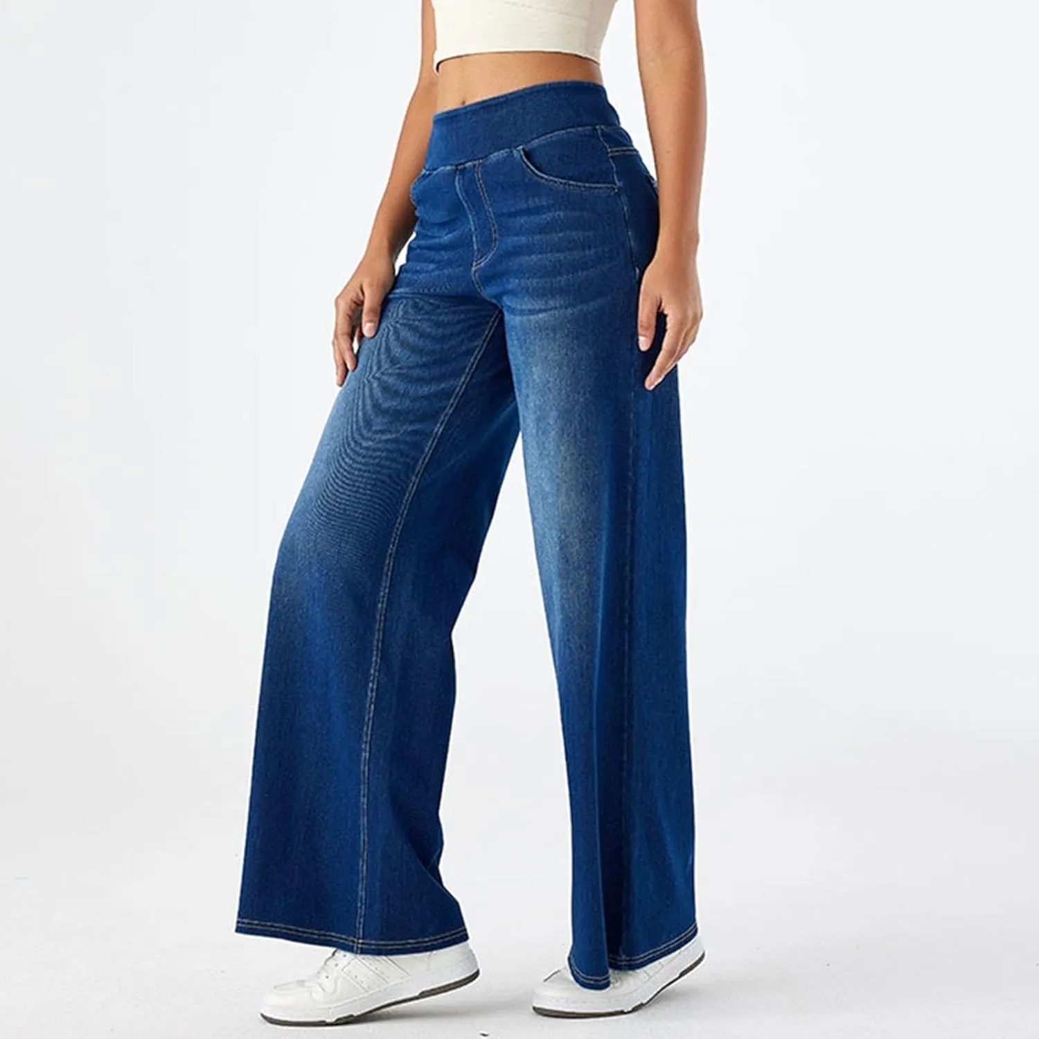 Womens Jeans High Waisted Stretchy Baggy Stretchy Elastic Denim Pants Wide Leg Jeans Baggy Trousers with Pockets