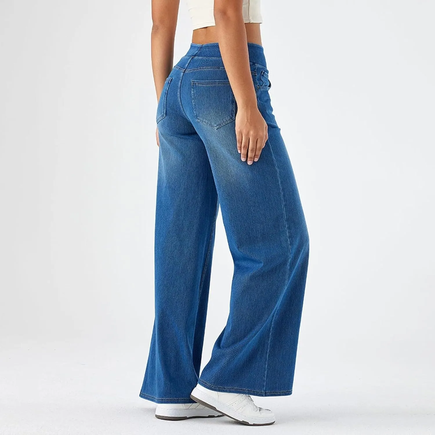 Womens Jeans High Waisted Stretchy Baggy Stretchy Elastic Denim Pants Wide Leg Jeans Baggy Trousers with Pockets