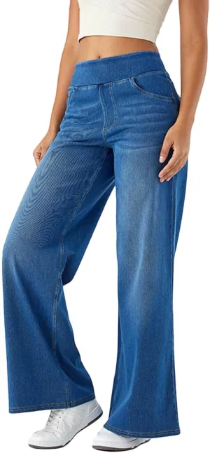 Womens Jeans High Waisted Stretchy Baggy Stretchy Elastic Denim Pants Wide Leg Jeans Baggy Trousers with Pockets