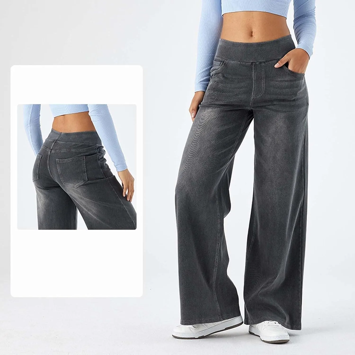 Womens Jeans High Waisted Stretchy Baggy Stretchy Elastic Denim Pants Wide Leg Jeans Baggy Trousers with Pockets