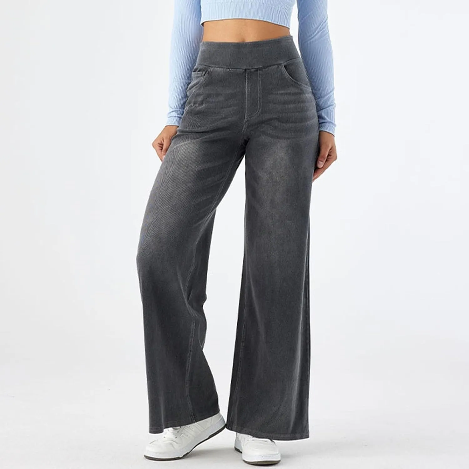 Womens Jeans High Waisted Stretchy Baggy Stretchy Elastic Denim Pants Wide Leg Jeans Baggy Trousers with Pockets