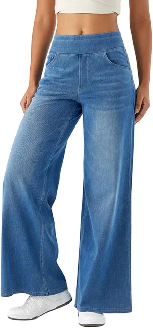 Womens Jeans High Waisted Stretchy Baggy Stretchy Elastic Denim Pants Wide Leg Jeans Baggy Trousers with Pockets