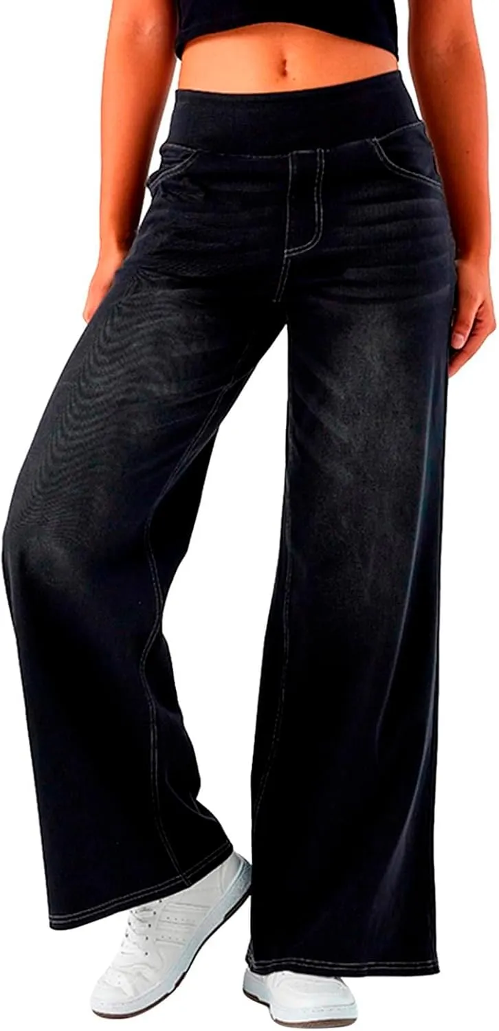Womens Jeans High Waisted Stretchy Baggy Stretchy Elastic Denim Pants Wide Leg Jeans Baggy Trousers with Pockets