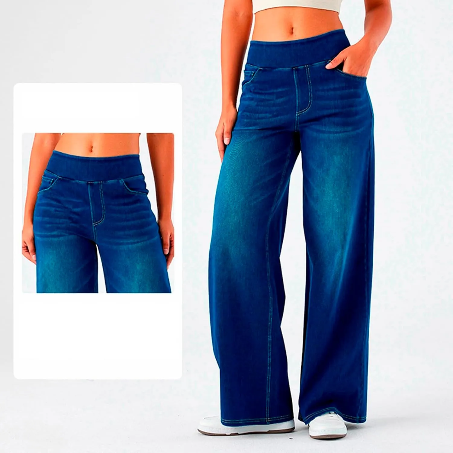 Womens Jeans High Waisted Stretchy Baggy Stretchy Elastic Denim Pants Wide Leg Jeans Baggy Trousers with Pockets