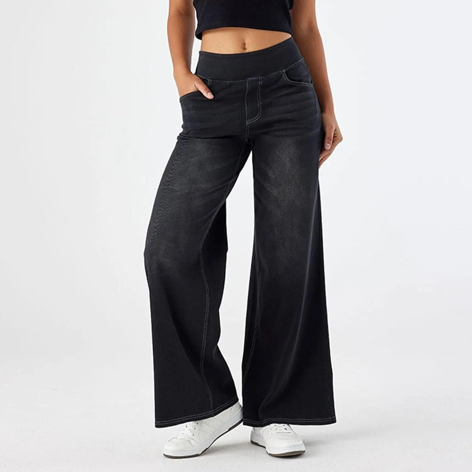 Womens Jeans High Waisted Stretchy Baggy Stretchy Elastic Denim Pants Wide Leg Jeans Baggy Trousers with Pockets