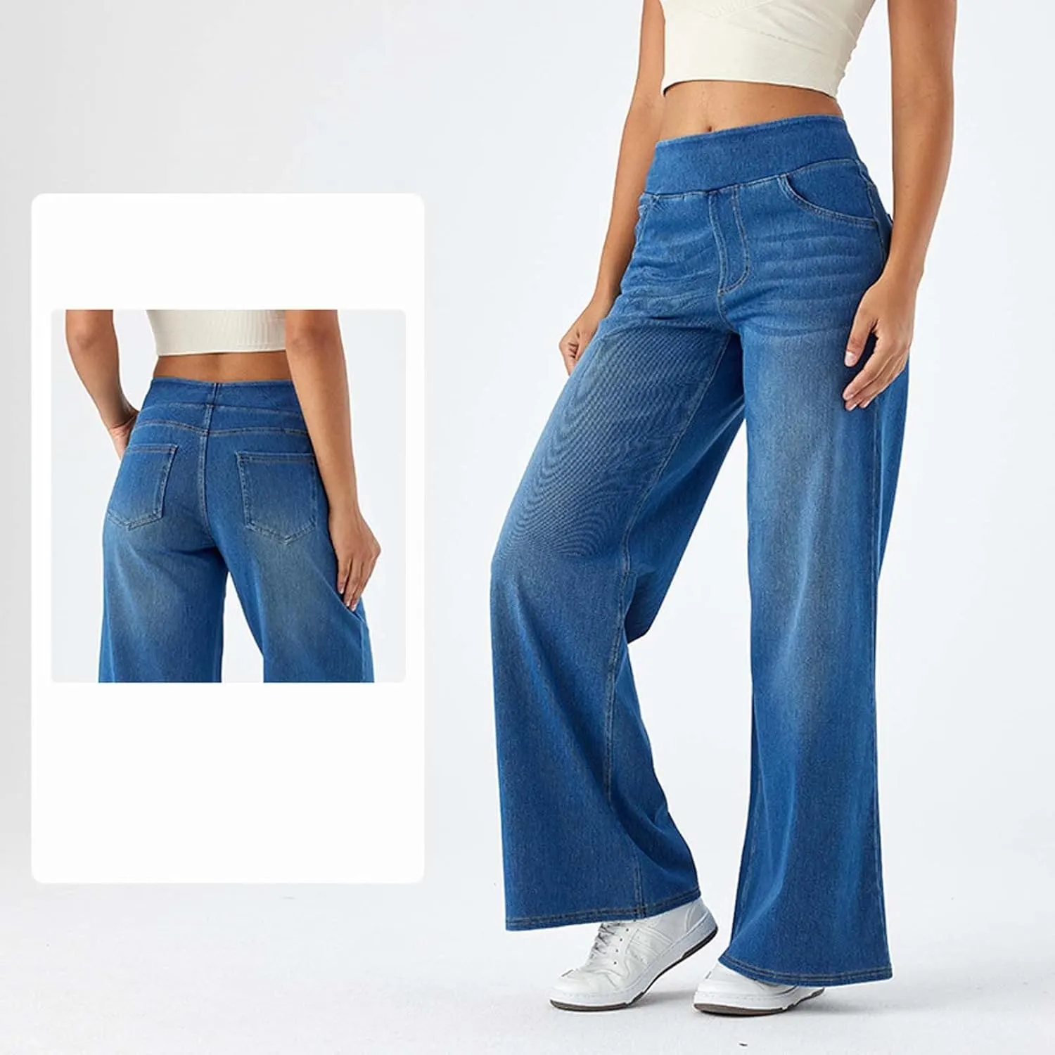 Womens Jeans High Waisted Stretchy Baggy Stretchy Elastic Denim Pants Wide Leg Jeans Baggy Trousers with Pockets
