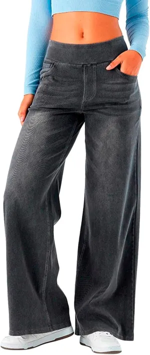 Womens Jeans High Waisted Stretchy Baggy Stretchy Elastic Denim Pants Wide Leg Jeans Baggy Trousers with Pockets
