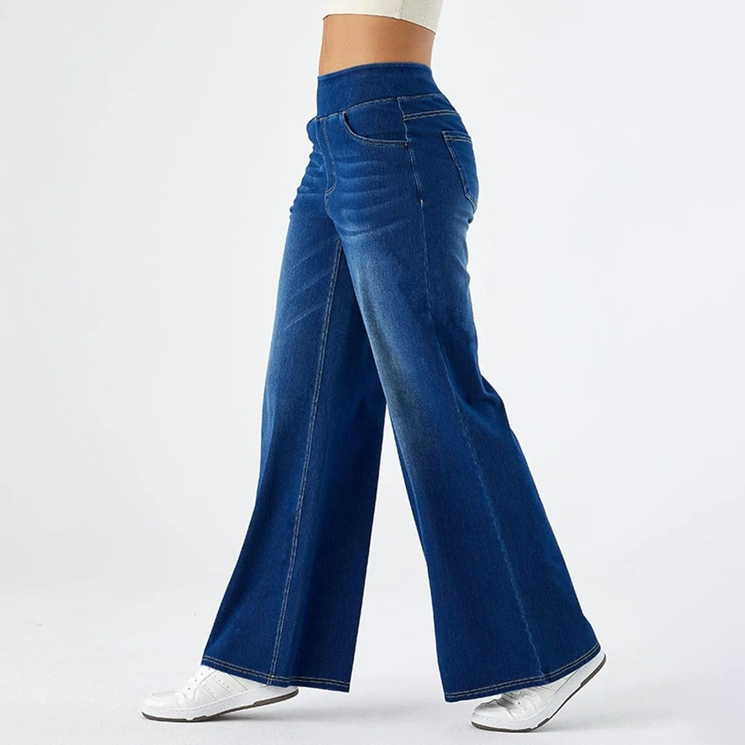 Womens Jeans High Waisted Stretchy Baggy Stretchy Elastic Denim Pants Wide Leg Jeans Baggy Trousers with Pockets