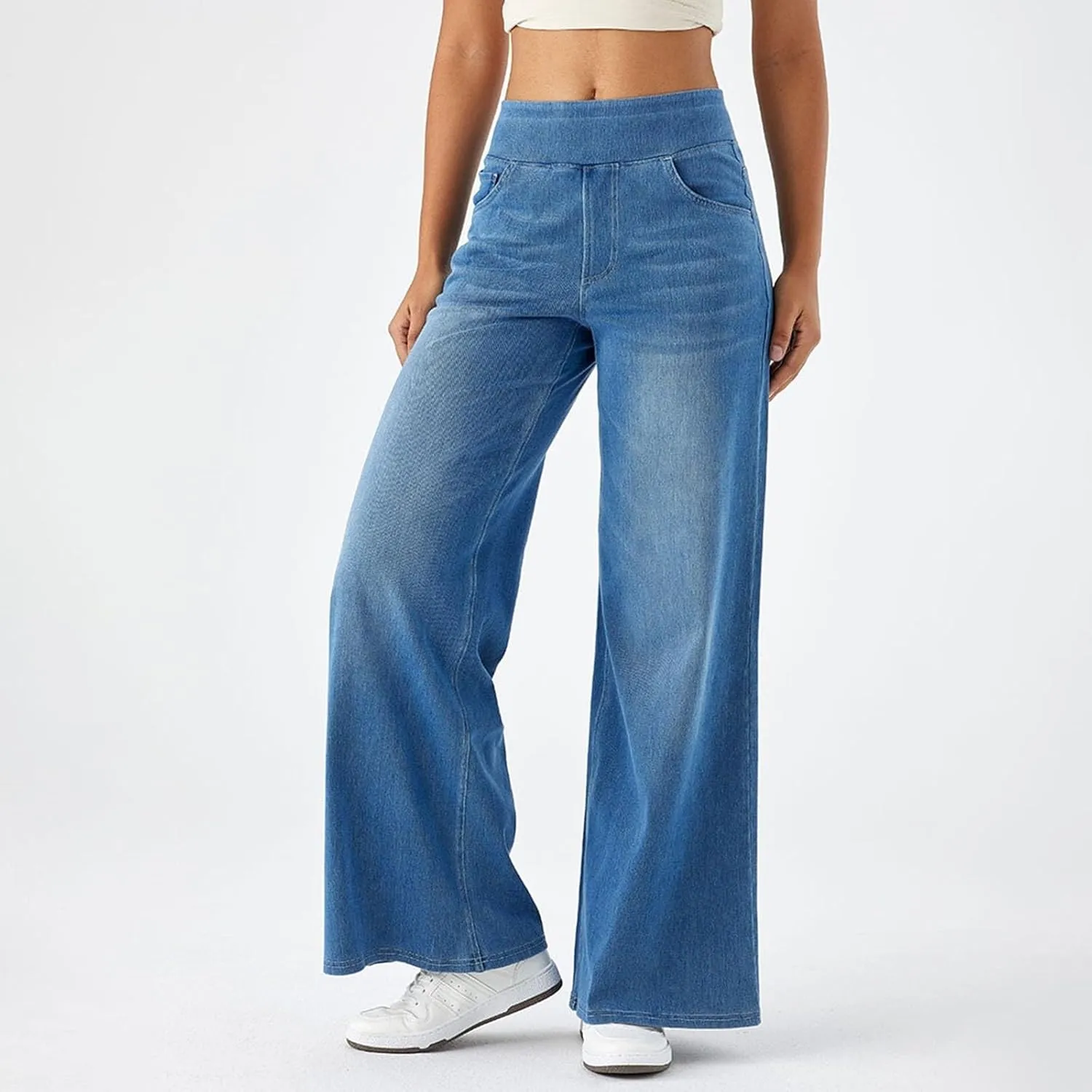 Womens Jeans High Waisted Stretchy Baggy Stretchy Elastic Denim Pants Wide Leg Jeans Baggy Trousers with Pockets