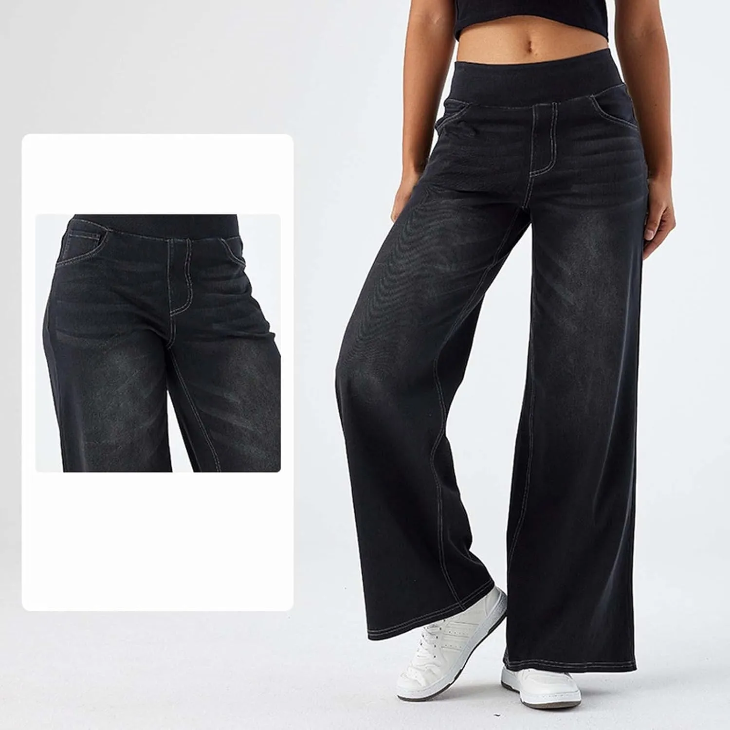 Womens Jeans High Waisted Stretchy Baggy Stretchy Elastic Denim Pants Wide Leg Jeans Baggy Trousers with Pockets