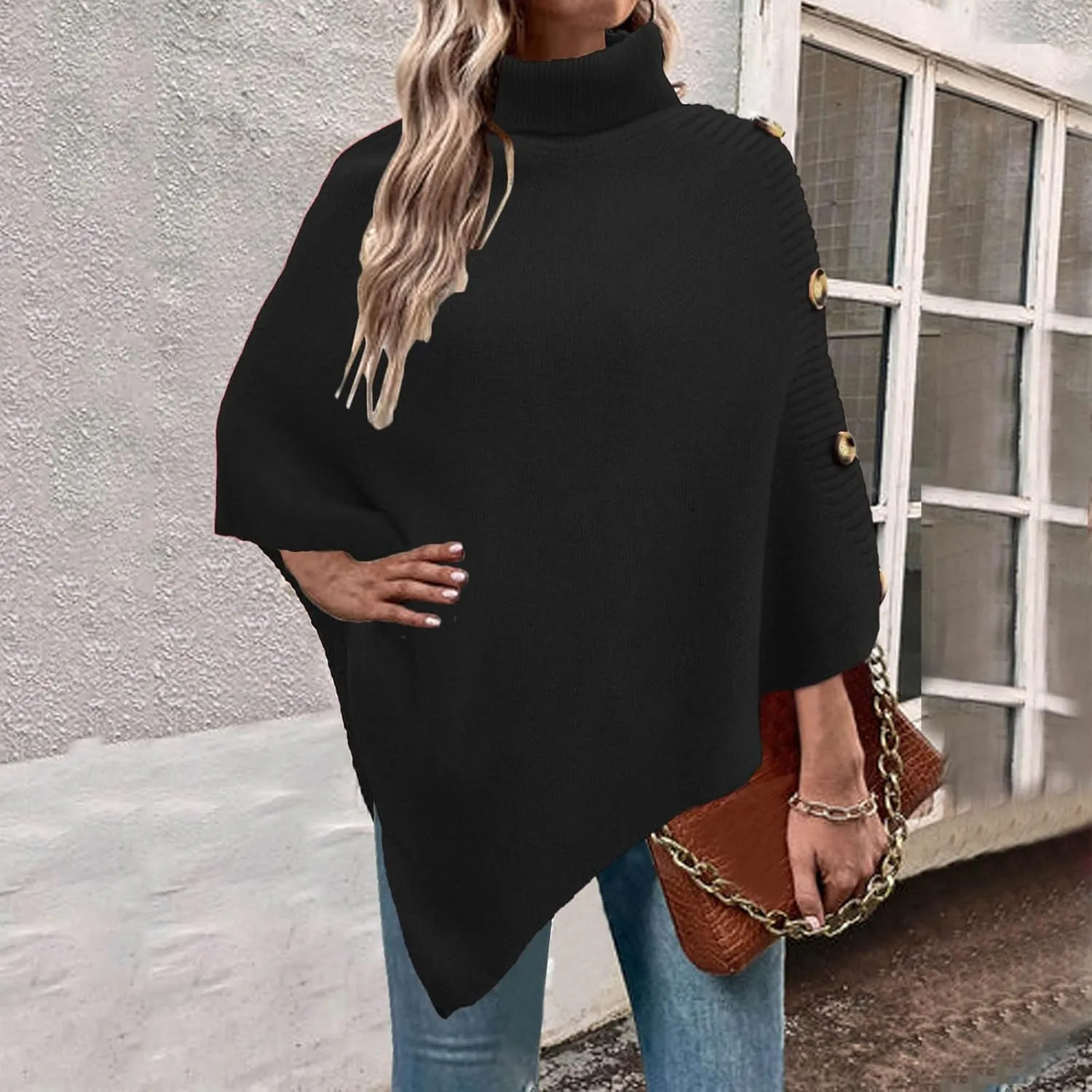Womens Knit Sweater Oversized Turtleneck Sweater Drop Shoulder Crewneck Sweater Long Sleeve Sweaters Outerwear