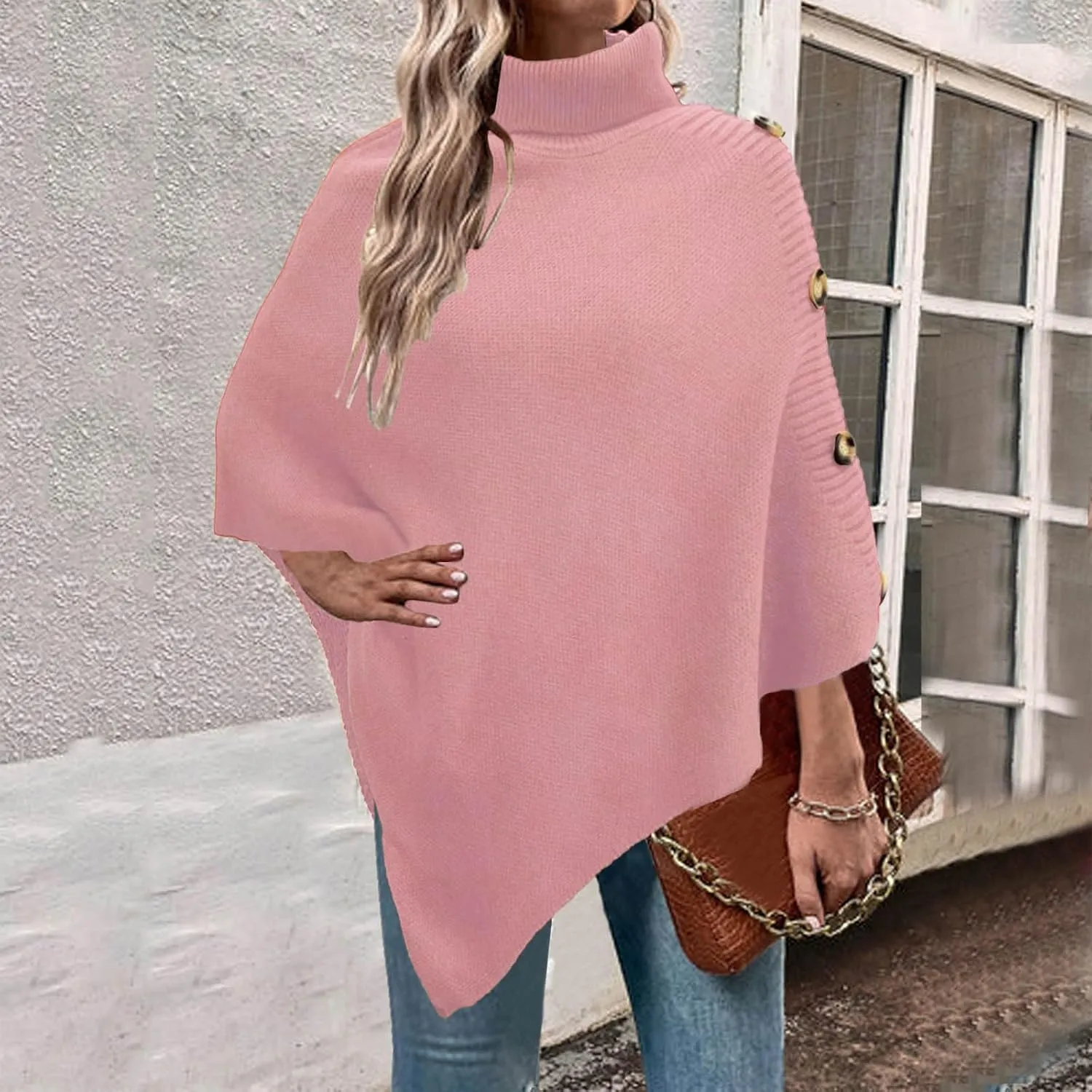 Womens Knit Sweater Oversized Turtleneck Sweater Drop Shoulder Crewneck Sweater Long Sleeve Sweaters Outerwear