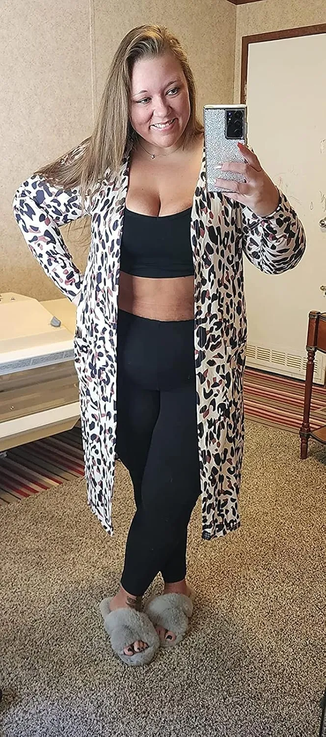 Womens Leopard Print Cardigan Lightweight Long Sleeve Open Front Fall Cardigans S-XXL
