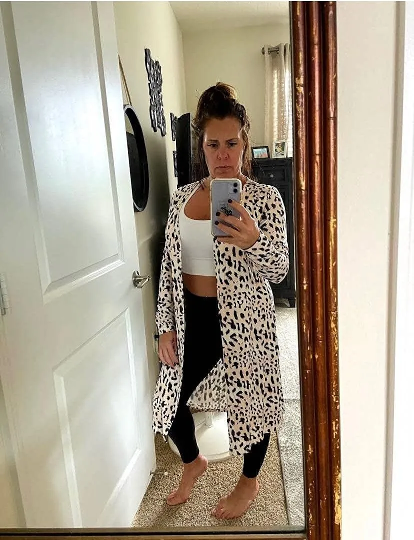 Womens Leopard Print Cardigan Lightweight Long Sleeve Open Front Fall Cardigans S-XXL