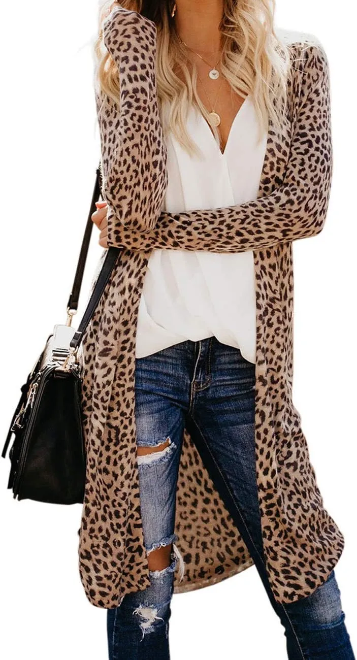 Womens Leopard Print Cardigan Lightweight Long Sleeve Open Front Fall Cardigans S-XXL