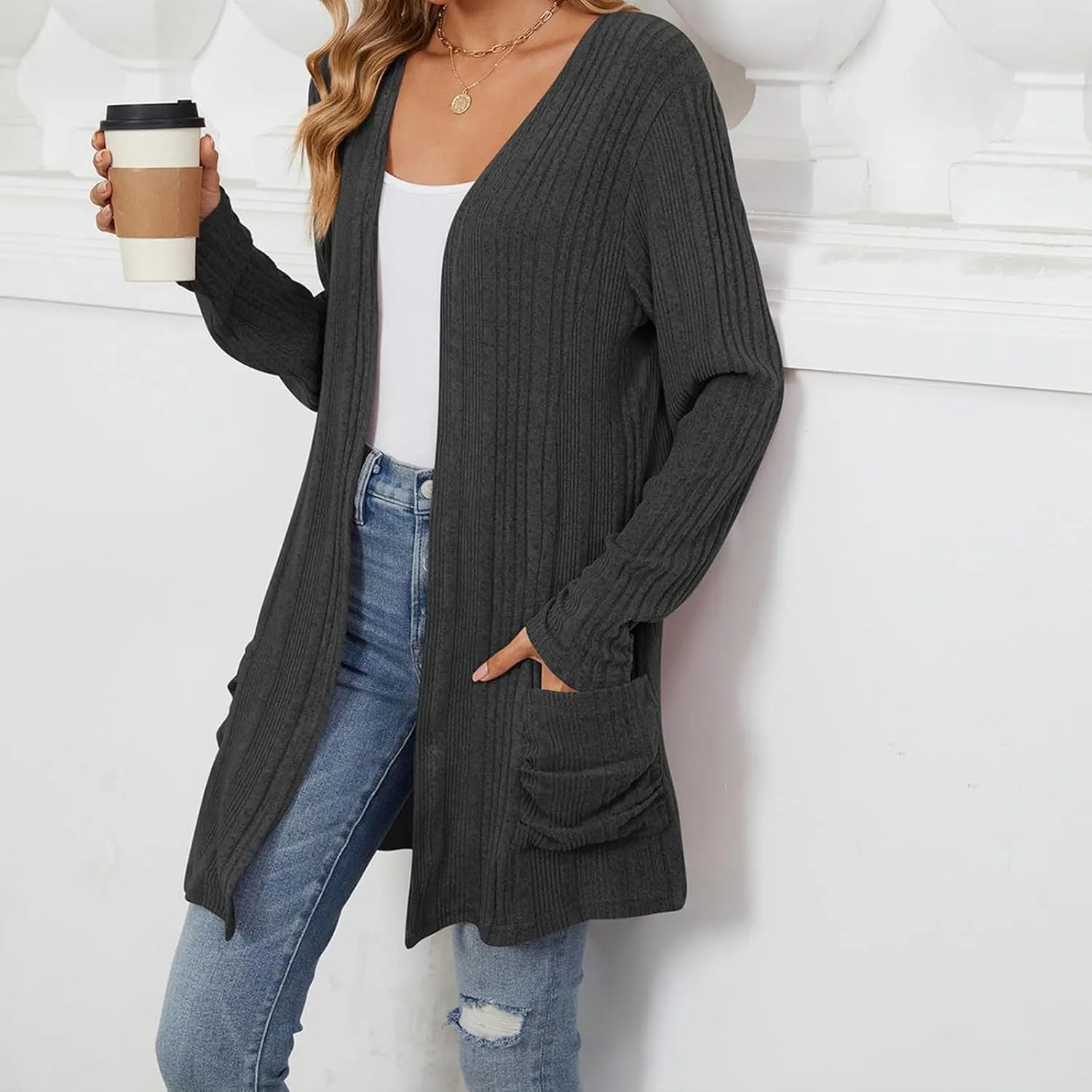 Womens Lightweight Open Front Cardigan Casual Long Sleeve Cable Knit Cardigan Sweaters 2024 Fall Outfits with Pockets