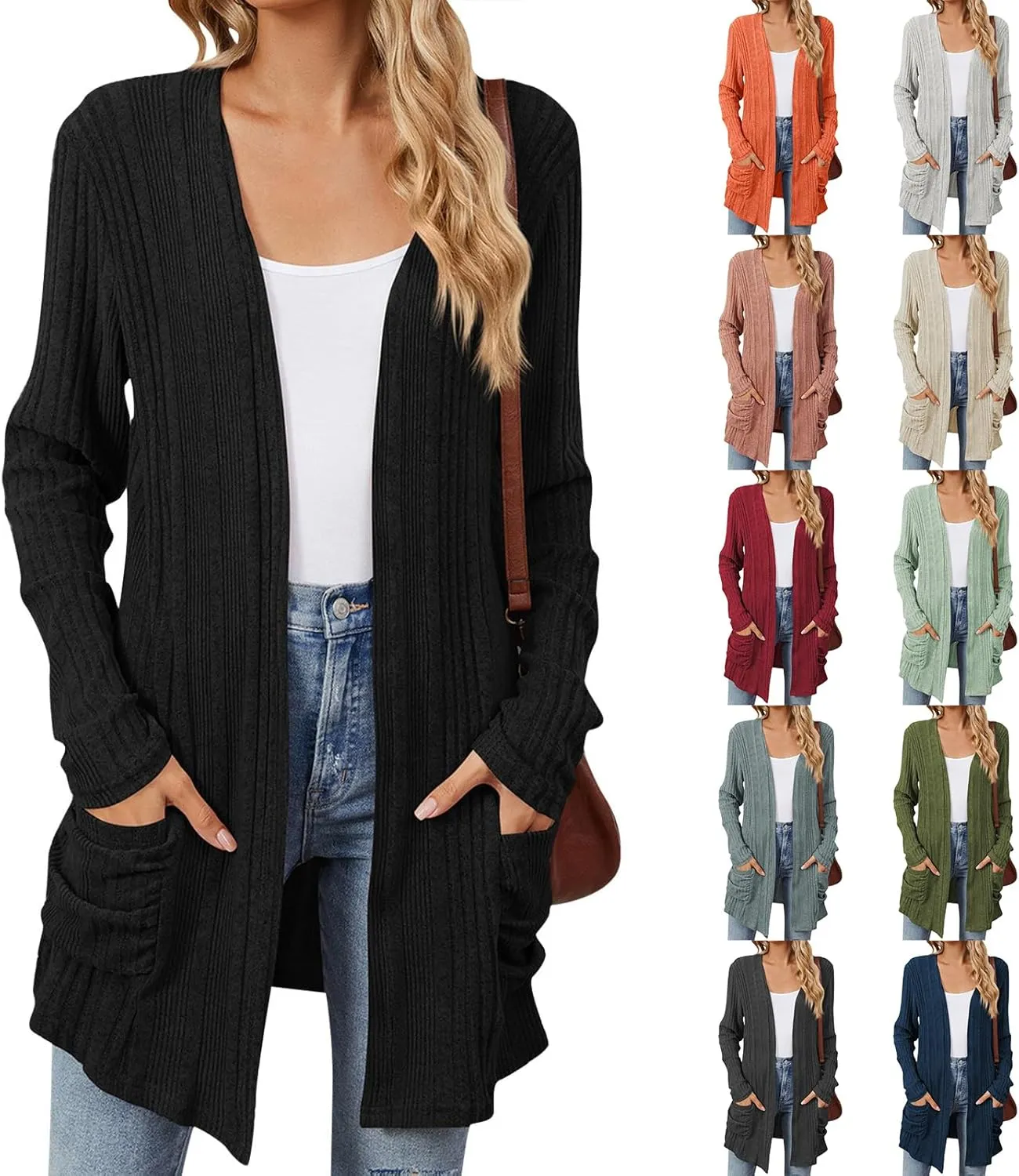 Womens Lightweight Open Front Cardigan Casual Long Sleeve Cable Knit Cardigan Sweaters 2024 Fall Outfits with Pockets