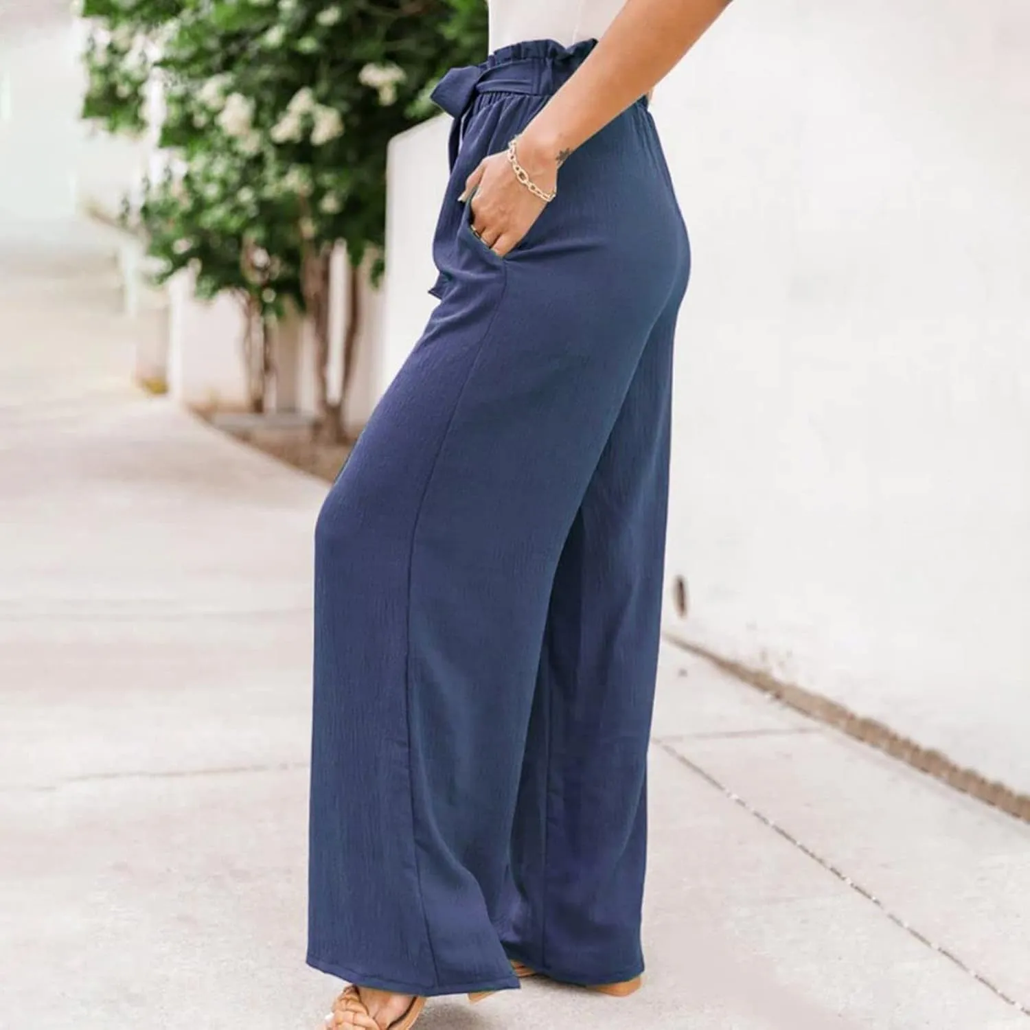 Womens Linen Summer Striped Pants Elastic Waisted Baggy Stretchy Plus Size Pants Office