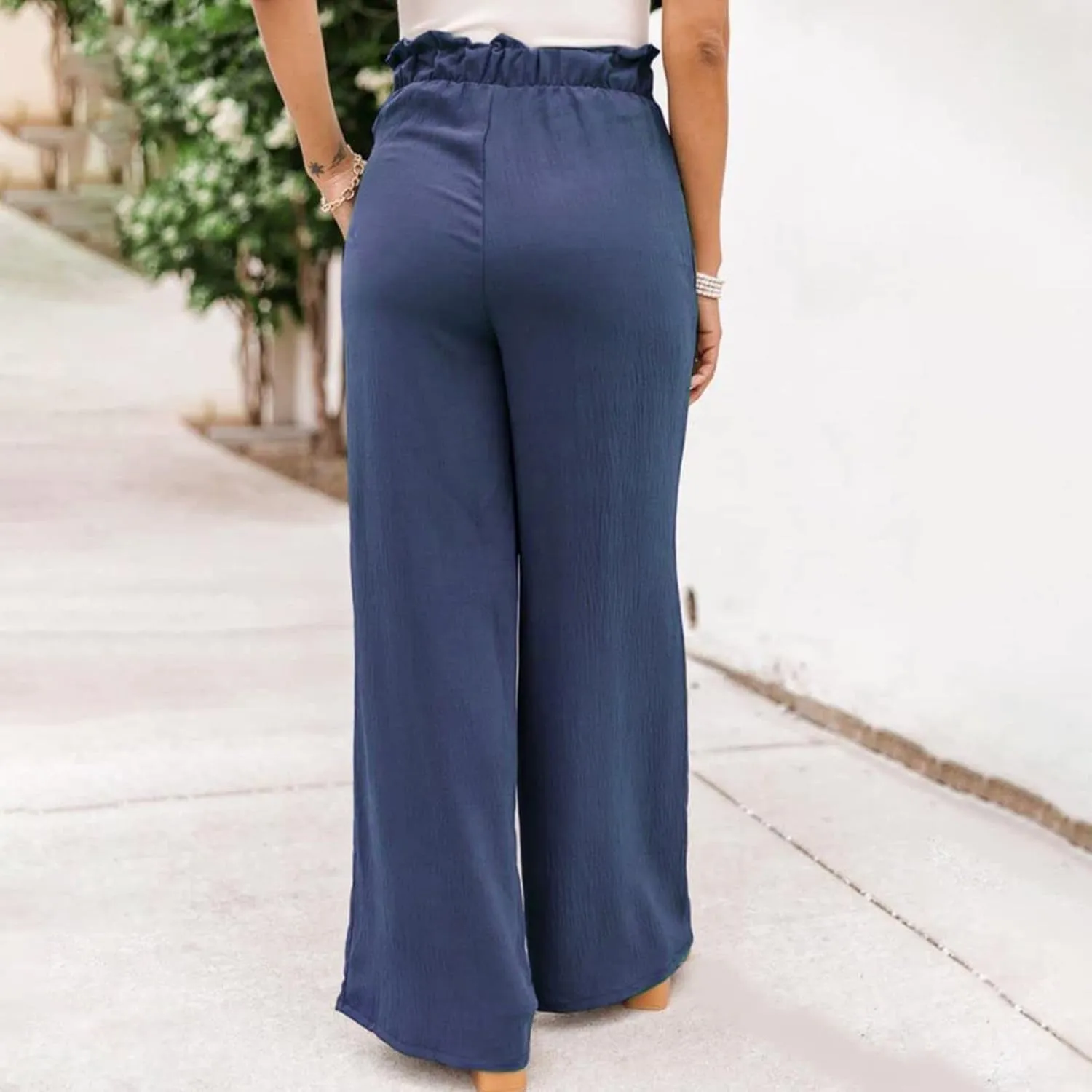 Womens Linen Summer Striped Pants Elastic Waisted Baggy Stretchy Plus Size Pants Office