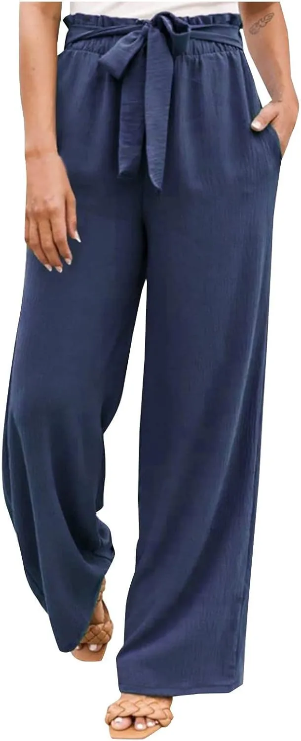 Womens Linen Summer Striped Pants Elastic Waisted Baggy Stretchy Plus Size Pants Office