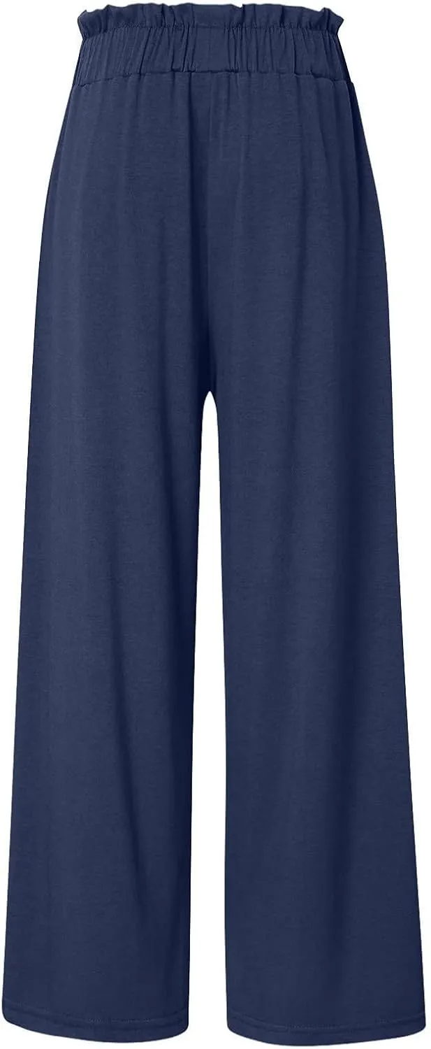 Womens Linen Summer Striped Pants Elastic Waisted Baggy Stretchy Plus Size Pants Office