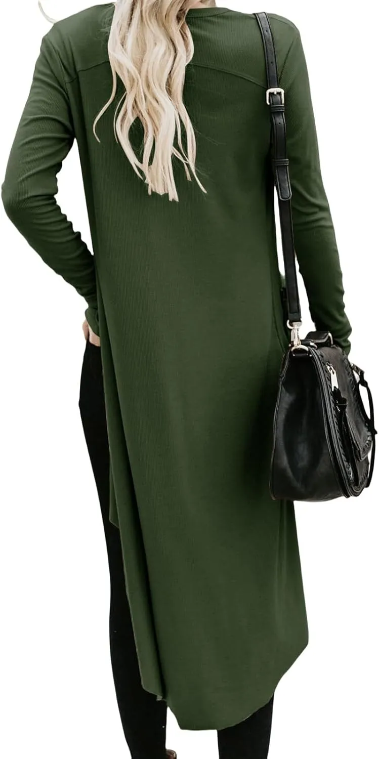Womens Long Cardigans Open Front Button Sweater Long Sleeve Knit Sweaters Coats Outerwear with Pockets