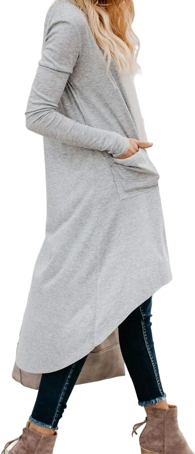 Womens Long Cardigans Open Front Button Sweater Long Sleeve Knit Sweaters Coats Outerwear with Pockets