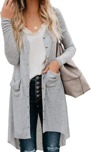Womens Long Cardigans Open Front Button Sweater Long Sleeve Knit Sweaters Coats Outerwear with Pockets
