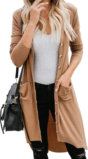 Womens Long Cardigans Open Front Button Sweater Long Sleeve Knit Sweaters Coats Outerwear with Pockets
