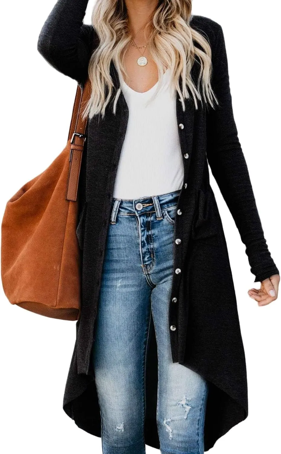 Womens Long Cardigans Open Front Button Sweater Long Sleeve Knit Sweaters Coats Outerwear with Pockets