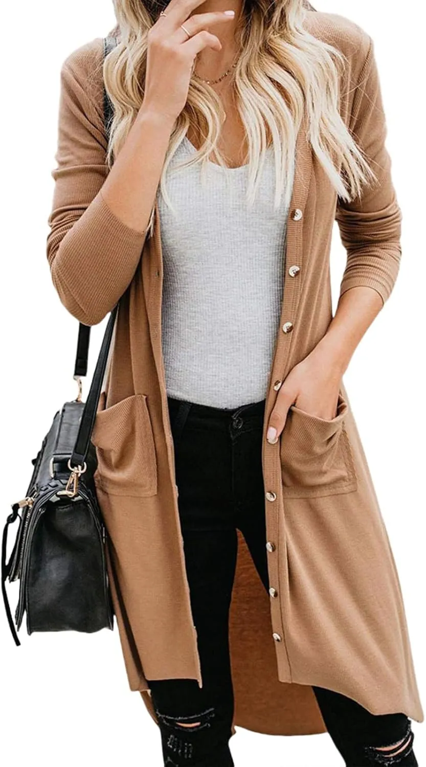 Womens Long Cardigans Open Front Button Sweater Long Sleeve Knit Sweaters Coats Outerwear with Pockets