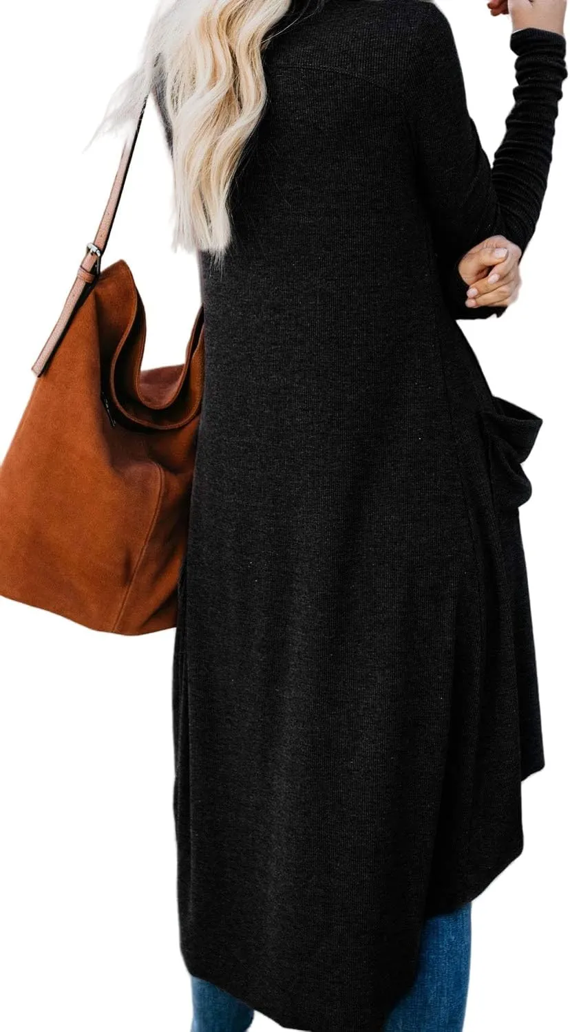 Womens Long Cardigans Open Front Button Sweater Long Sleeve Knit Sweaters Coats Outerwear with Pockets