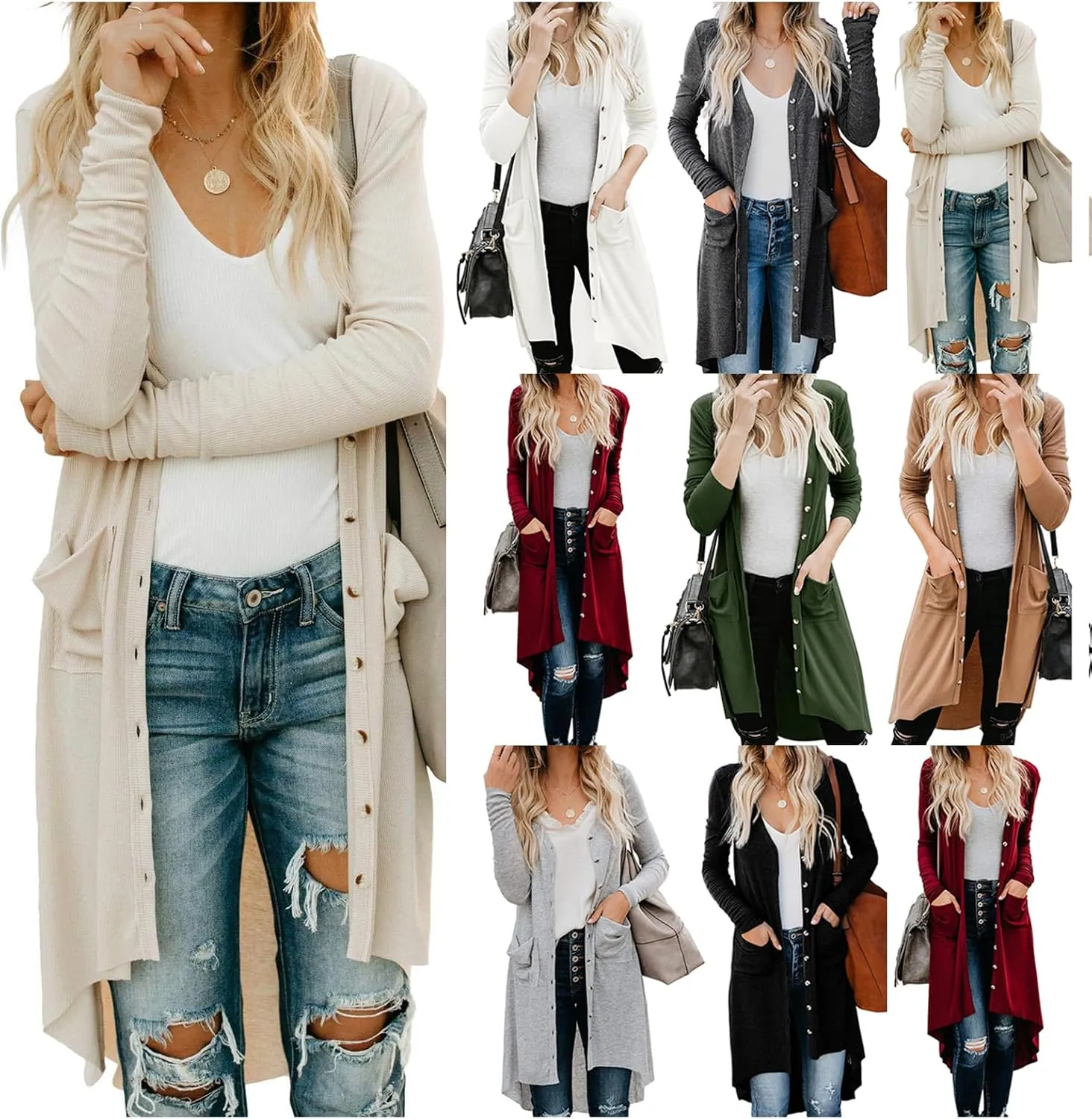 Womens Long Cardigans Open Front Button Sweater Long Sleeve Knit Sweaters Coats Outerwear with Pockets