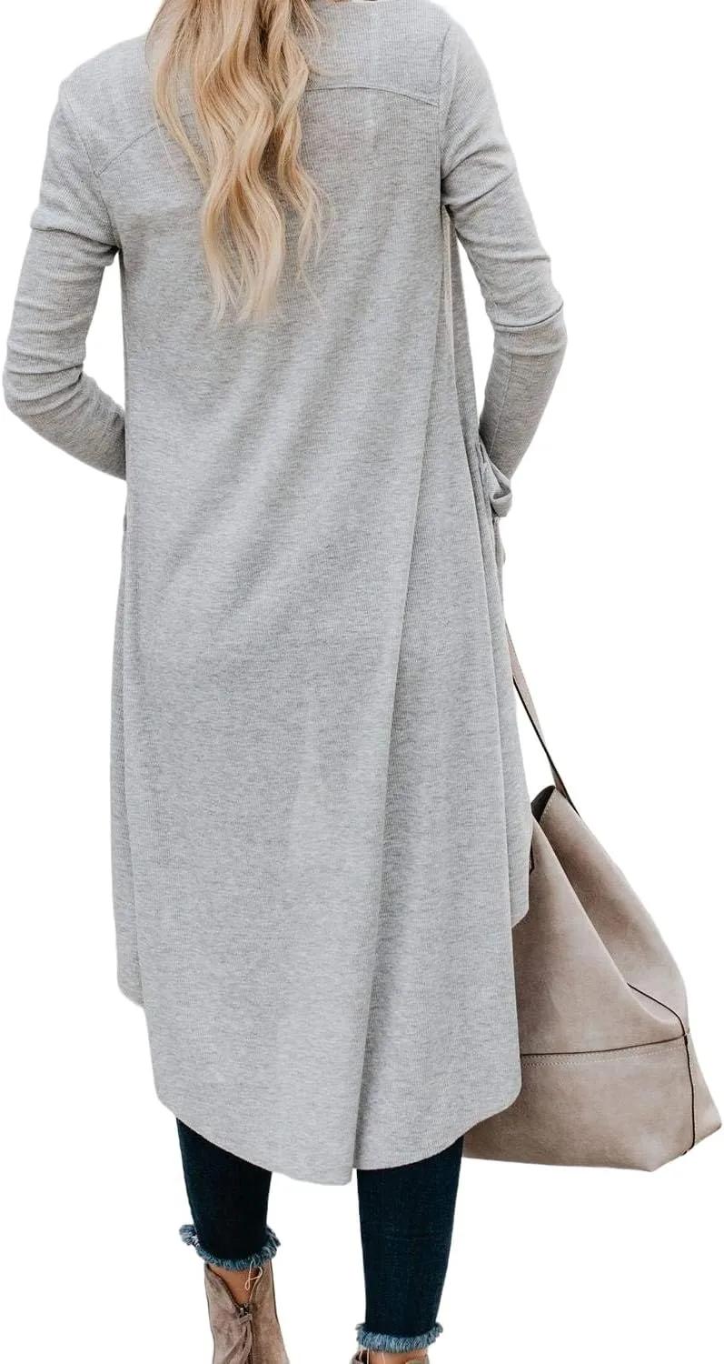 Womens Long Cardigans Open Front Button Sweater Long Sleeve Knit Sweaters Coats Outerwear with Pockets