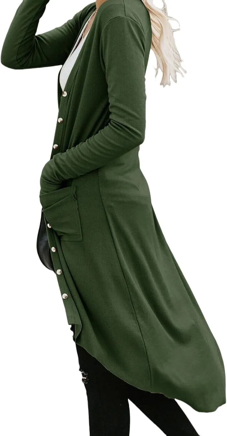 Womens Long Cardigans Open Front Button Sweater Long Sleeve Knit Sweaters Coats Outerwear with Pockets