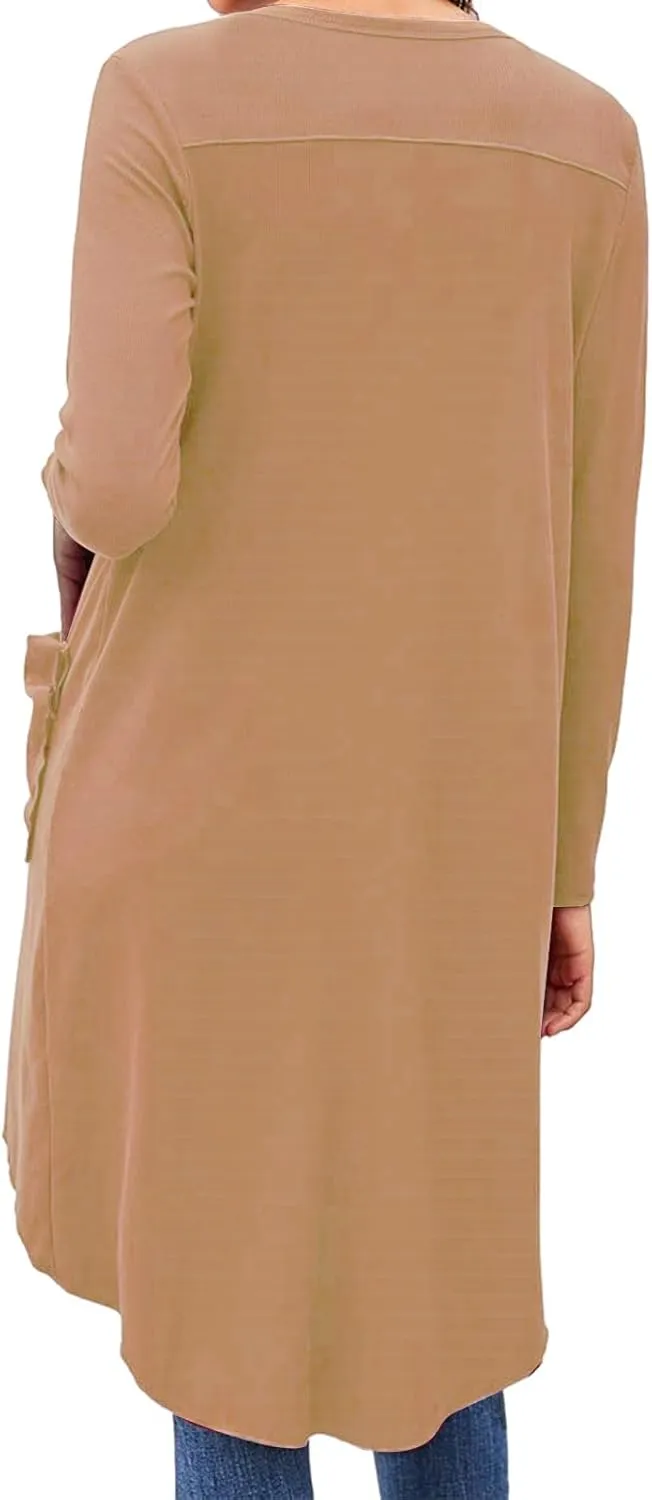 Womens Long Cardigans Open Front Button Sweater Long Sleeve Knit Sweaters Coats Outerwear with Pockets