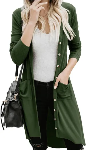 Womens Long Cardigans Open Front Button Sweater Long Sleeve Knit Sweaters Coats Outerwear with Pockets