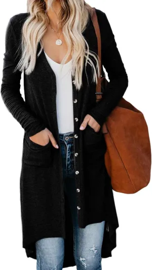 Womens Long Cardigans Open Front Button Sweater Long Sleeve Knit Sweaters Coats Outerwear with Pockets