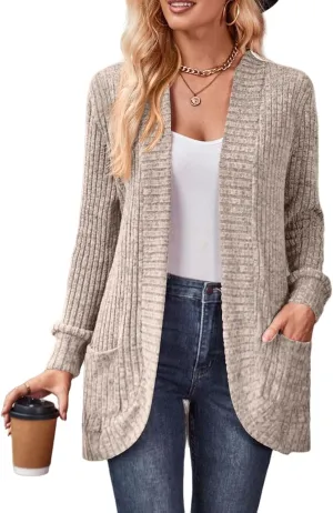 Women's Long Sleeve Basic Open Front Cardigan Solid Ribbed Knit Sweater Tops Soft Mid Long Sweater Cardigans Pockets