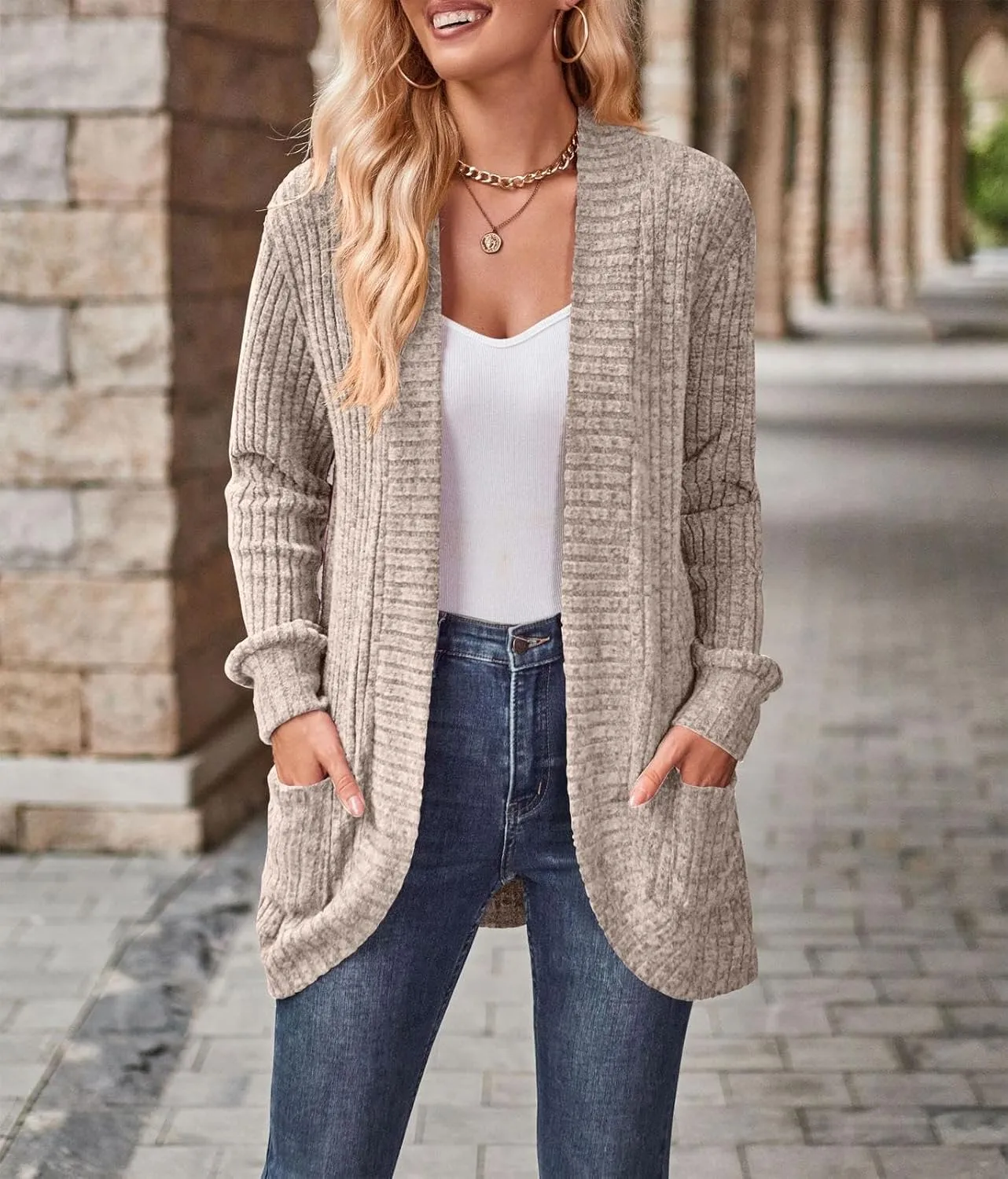 Women's Long Sleeve Basic Open Front Cardigan Solid Ribbed Knit Sweater Tops Soft Mid Long Sweater Cardigans Pockets
