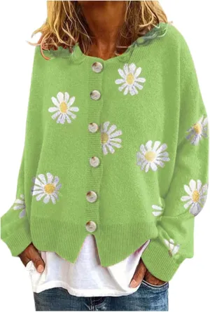 Womens Long Sleeve Button Cropped Cardigans Cute Flower Graphic Cardigan Fashion Casual Sweater Coat