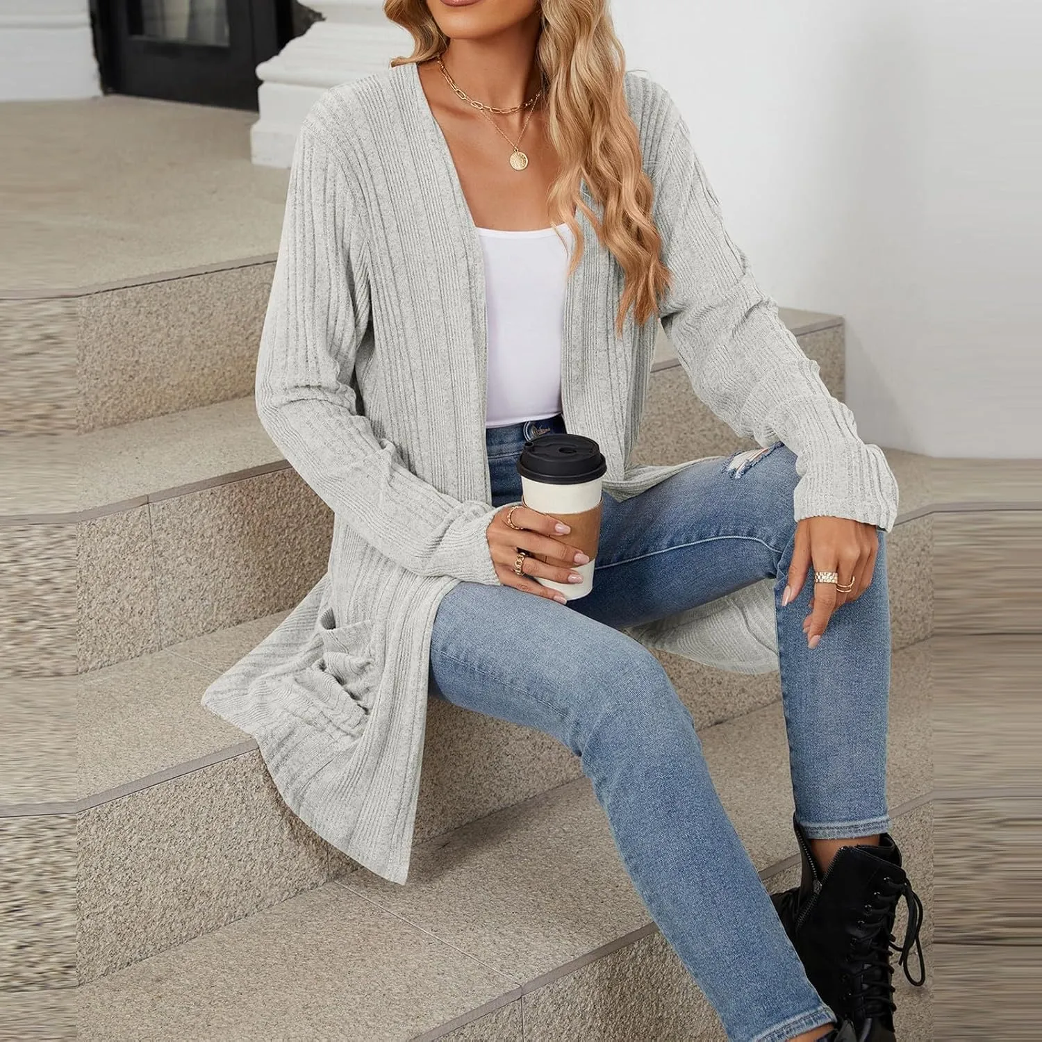 Women's Long Sleeve Open Front Cardigan Cable Knit Chunky Sweaters Casual Loose Lightweight Cardigans with Pockets