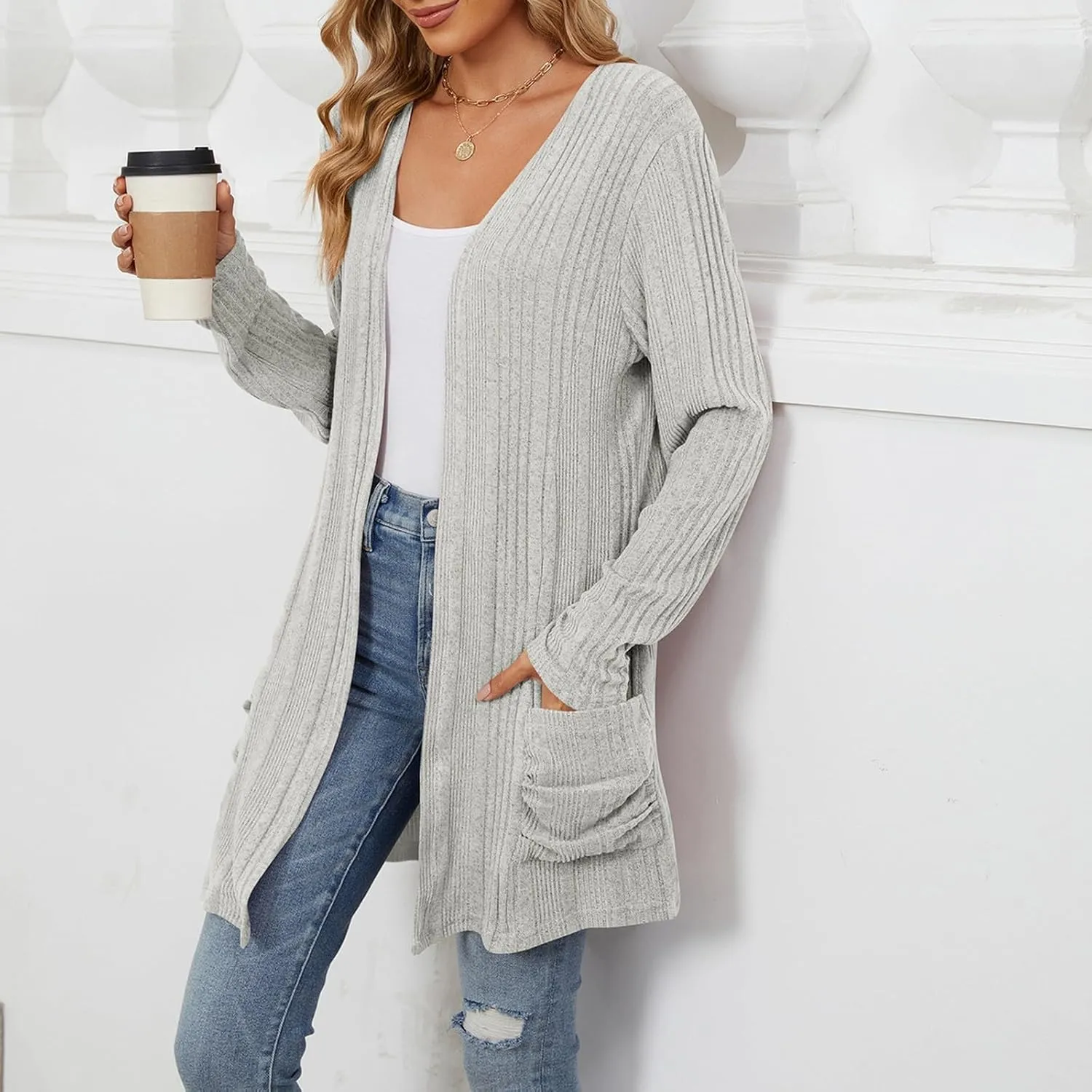 Women's Long Sleeve Open Front Cardigan Cable Knit Chunky Sweaters Casual Loose Lightweight Cardigans with Pockets