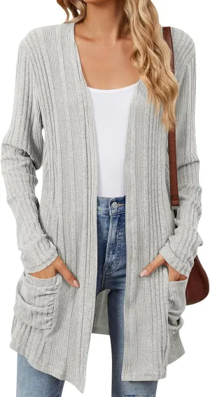 Women's Long Sleeve Open Front Cardigan Cable Knit Chunky Sweaters Casual Loose Lightweight Cardigans with Pockets