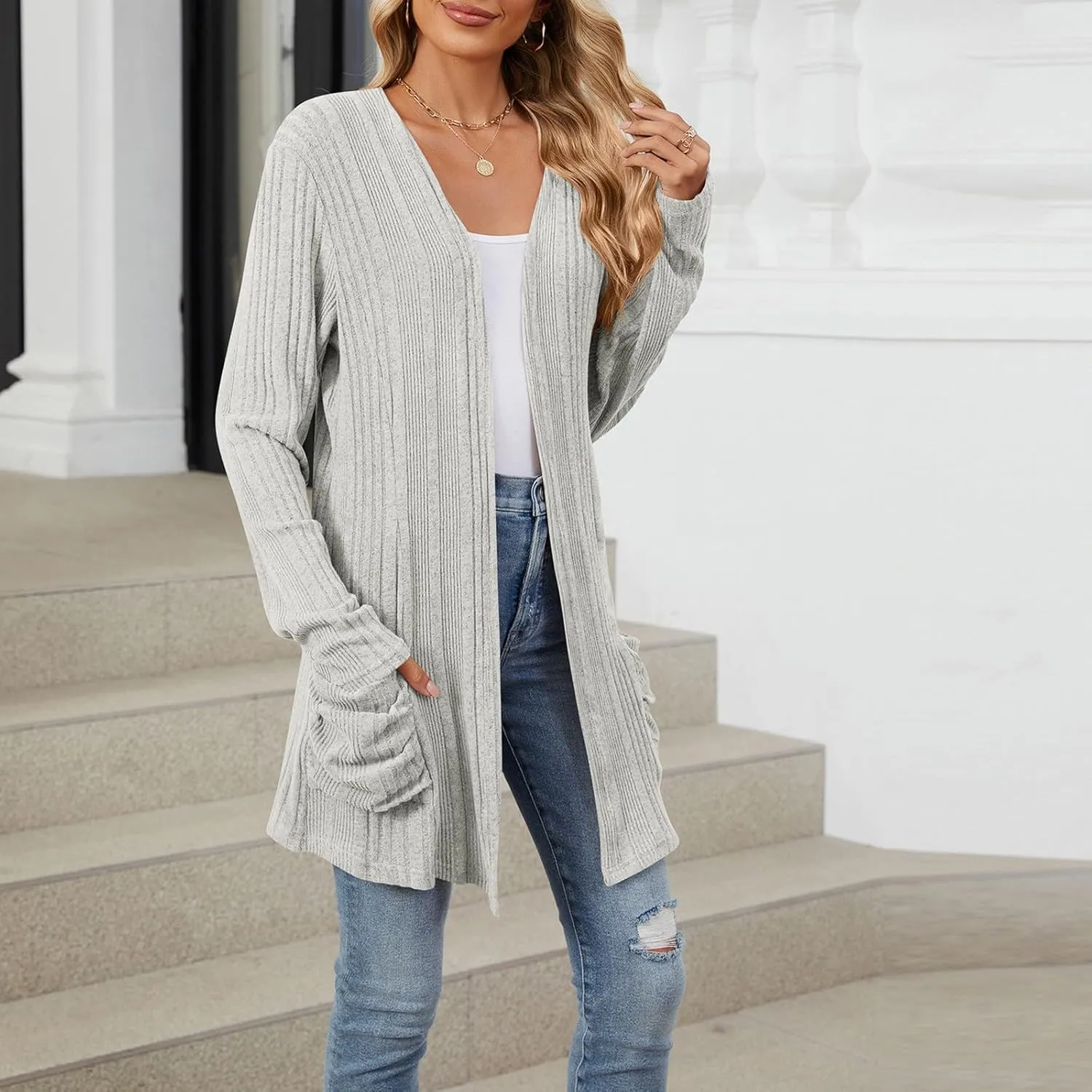 Women's Long Sleeve Open Front Cardigan Cable Knit Chunky Sweaters Casual Loose Lightweight Cardigans with Pockets